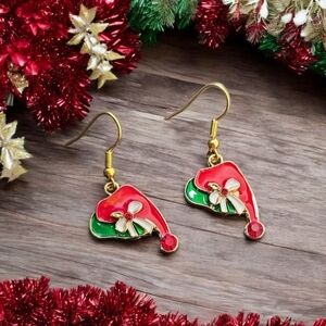 Festive Holiday Rhinestone Hat Dangle Earrings